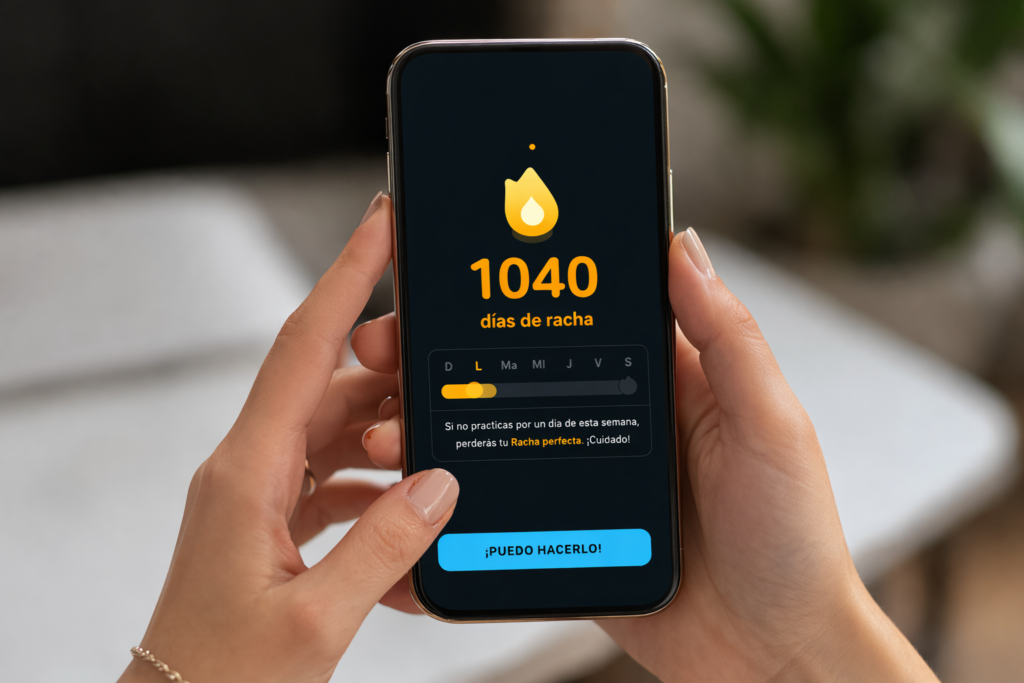 Duolingo streak screen on smartphone showing daily language learning habit